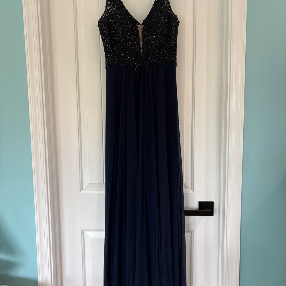 Betsy & Adam Elegant Navy Beaded Gown